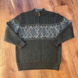 Aran Crafts Mens Quarter Zip Jacquard Wool Sweater Large Gray Ireland Fisherman